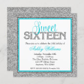 Glam Faux Glitter Silver Teal Blue Sweet 16 Invitation (Front/Back)