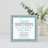 Glam Faux Glitter Silver Teal Blue Sweet 16 Invitation (Standing Front)