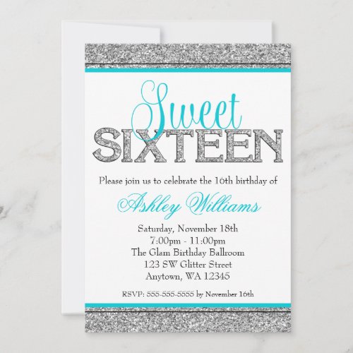 Glam Faux Glitter Silver Teal Blue Sweet 16 Custom Invitation