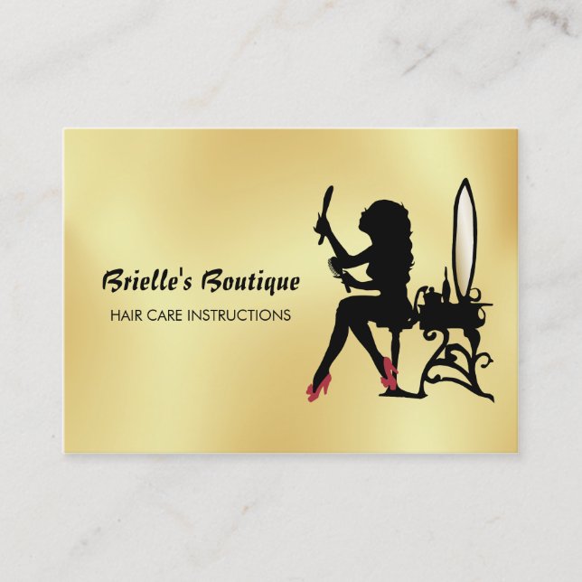 Glam Faux Gold Black Woman Hair Care Instructions Business Card (Front)