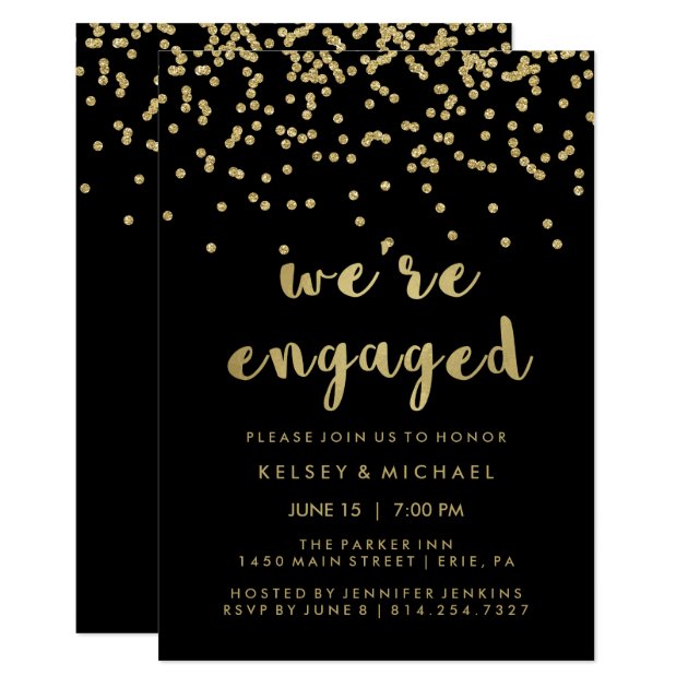 Glam Faux Gold Confetti On Black Engagement Party Invitation