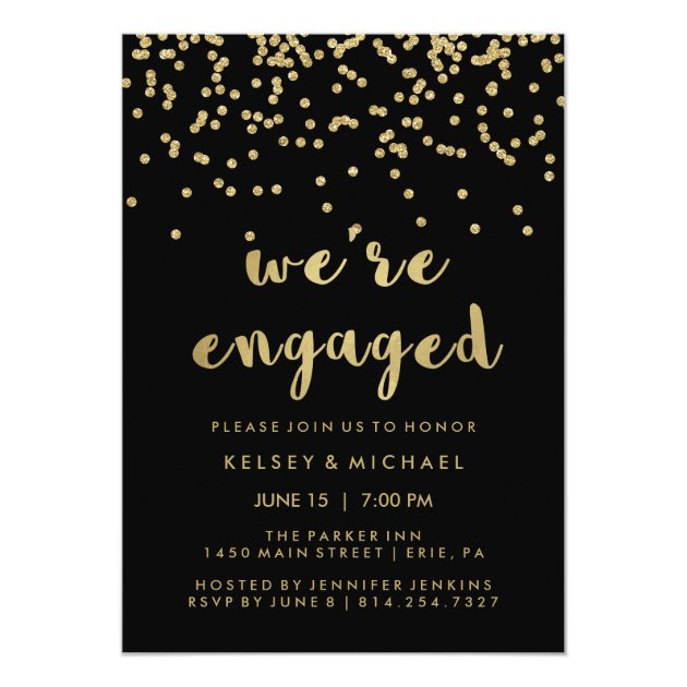 Glam Faux Gold Confetti On Black Engagement Party Invitation