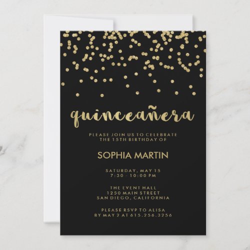 Glam Faux Gold Confetti on Black  Quinceanera Invitation