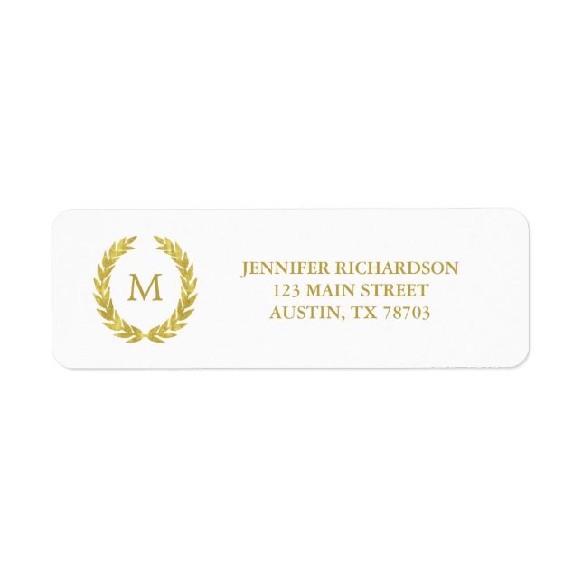 Glam Faux Gold Foil Laurel Wreath Monogram Wedding Label (Front)