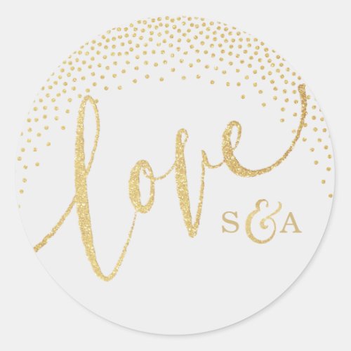 Glam faux gold glitter calligraphy love monogram classic round sticker