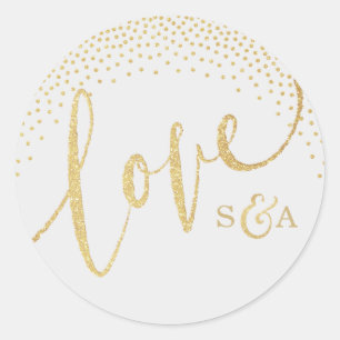 Glam faux gold glitter calligraphy love monogram classic round sticker