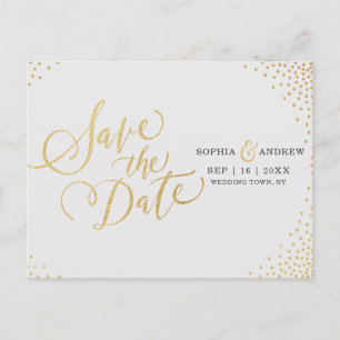Glam faux gold glitter calligraphy save the date announcement postcard