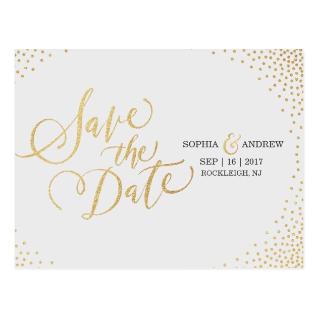 Glam Faux Gold Glitter Calligraphy Save The Date Postcard