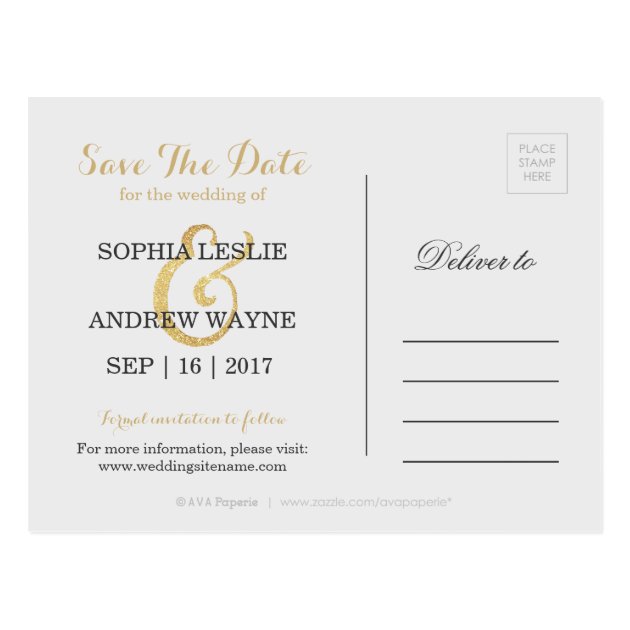 Glam Faux Gold Glitter Calligraphy Save The Date Postcard