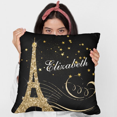 Glam Faux Gold Glitter Eiffel Tower Personalized Throw Pillow