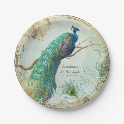 Glam Faux Gold Leaf Peacock on Tree Branch Elegant Paper Plates
