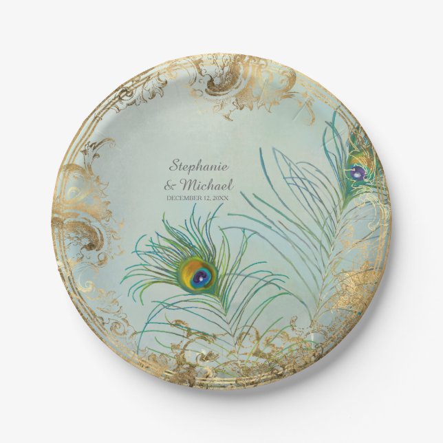 Glam Faux Gold Leaf Peacock on Tree Branch Elegant Paper Plates (Front)