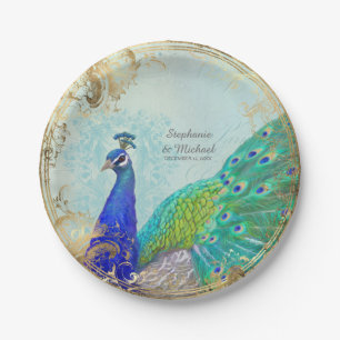Glam Faux Gold Leaf Peacock Tail Feathers Scroll Paper Plates