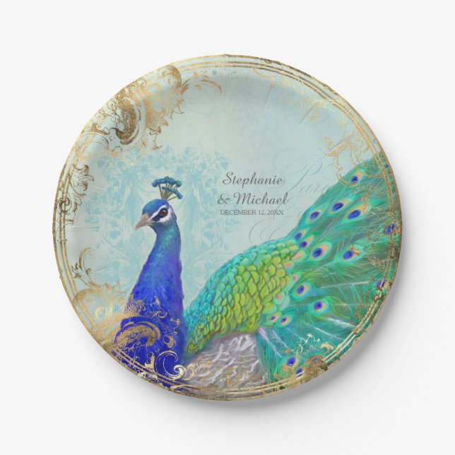 Glam Faux Gold Leaf Peacock Tail Feathers Scroll Paper Plates (Front)