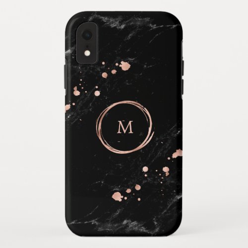 Glam Faux Gold Look on Black Marble  Monogram iPhone XR Case