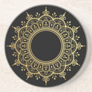 Glam faux gold mandala black coaster