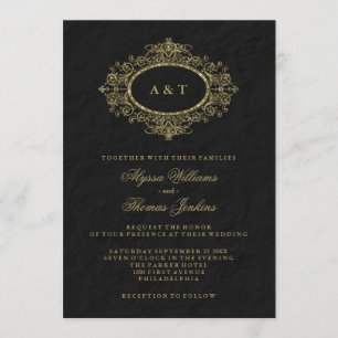 Glam Faux Gold Ornate Frame on Black Wedding Invitation