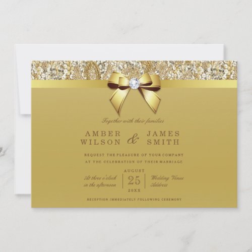 Glam Faux Gold Sequins and Bow Wedding Invitation