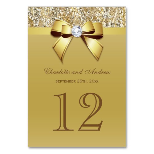 Glam Faux Gold Sequins Bow Wedding Table Number