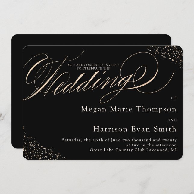Glam Faux Gold Speckle Calligraphy Script Wedding Invitation (Front/Back)