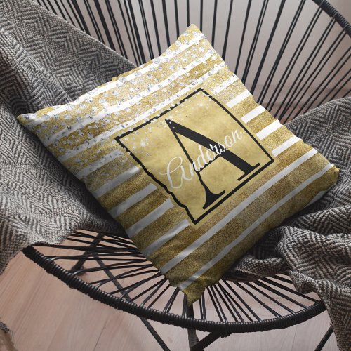 Glam Faux Gold Stripes Jeweled Confetti Monogram Throw Pillow