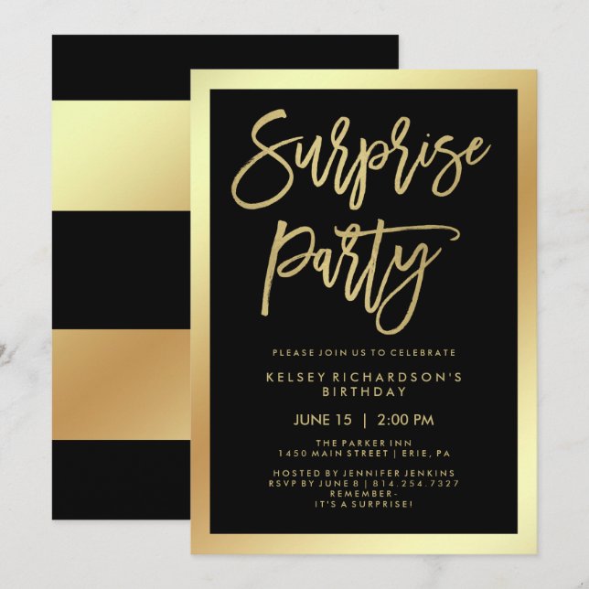 Glam Faux Gold Typography and Black Surprise Party Invitation (Front/Back)