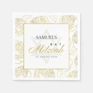 GLAM FAUX GOLD WHITE ROSE FLORAL BAR BAT MITZVAH NAPKINS