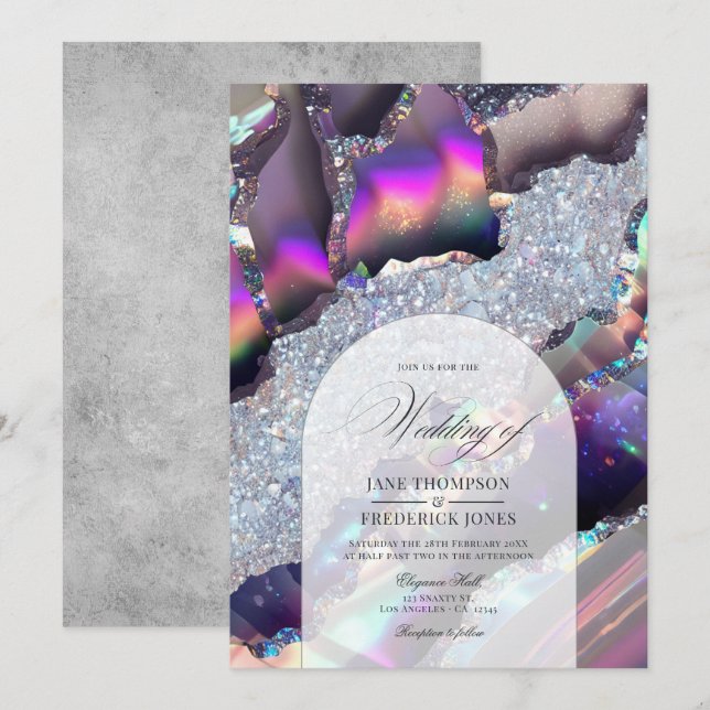 Glam Faux Holographic Agate Marble Geode Wedding Invitation (Front/Back)