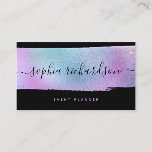 Glam Faux Holographic Glitter and Script on Black Business Card