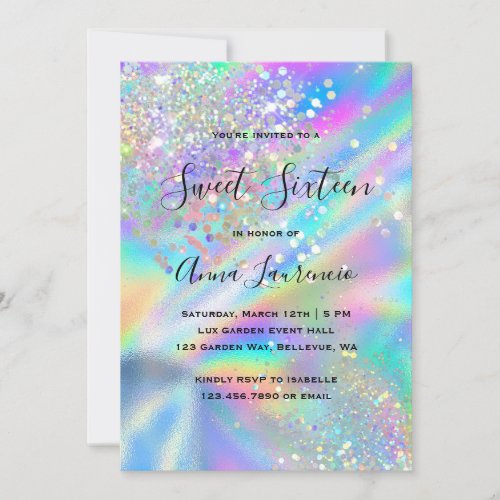 Glam Faux Holographic Glitter Sweet 16 Birthday Invitation