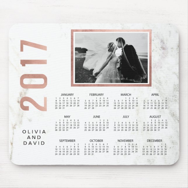 Glam Faux Rose Gold and Marble 2017 Photo Calendar Mouse Pad (Front)