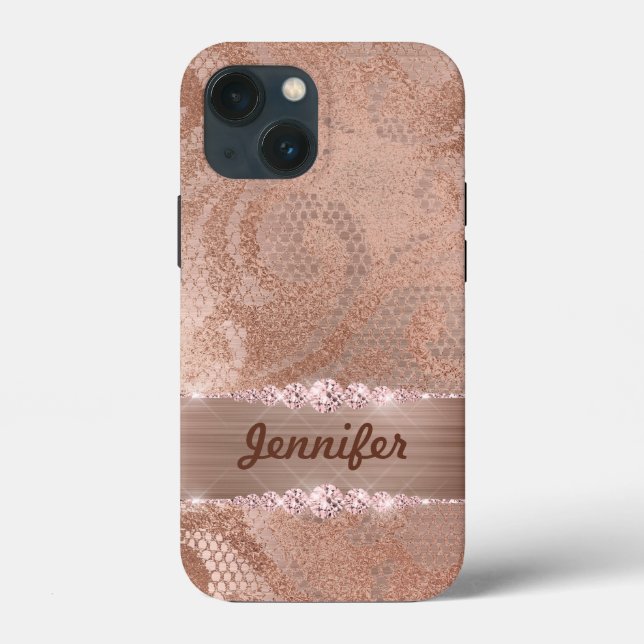 Glam Faux Rose Gold Lace on Monogram Brushed Metal Case-Mate iPhone Case (Back)