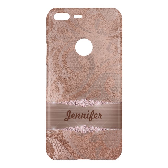 Glam Faux Rose Gold Lace on Monogram Brushed Metal Uncommon Google Pixel XL Case (Back)