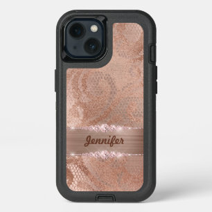 Glam Faux Rose Gold Lace on Monogram Brushed iPhone 13 Case