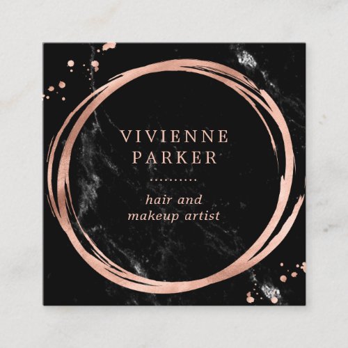 Glam Faux Rose Gold Look on Black Marble Square Business Card