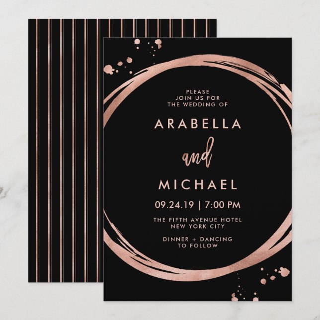 Glam Faux Rose Gold Look on Black | Wedding Invitation (Front/Back)