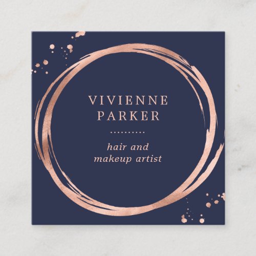 Glam Faux Rose Gold Look on Midnight Blue Square Business Card
