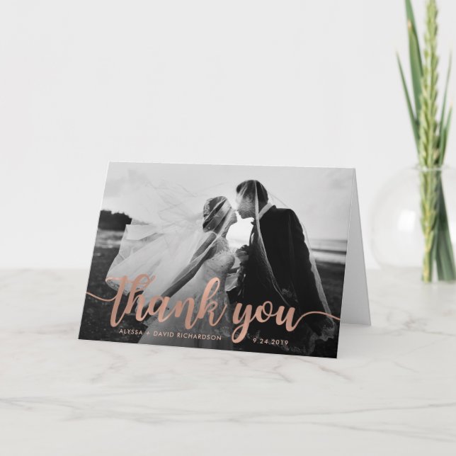 Glam Faux Rose Gold Wedding Photo Thank You (Front)