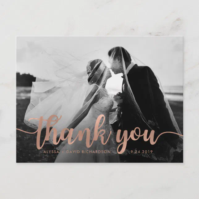 Glam Faux Rose Gold Wedding Photo Thank You Postcard | Zazzle