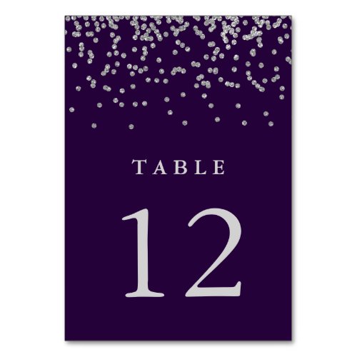 Glam Faux Silver Confetti on Deep Purple Table Number