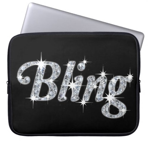 Glam faux silver diamonds Bling text on black Laptop Sleeve