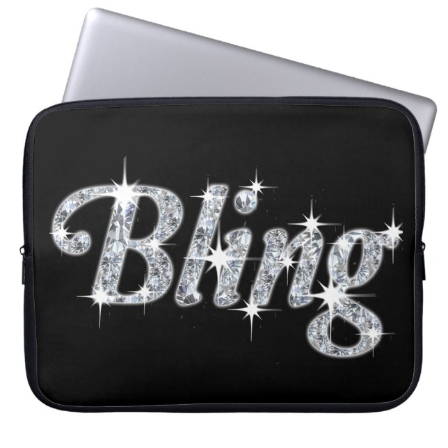 Glam faux silver diamonds Bling text on black Laptop Sleeve (Front)