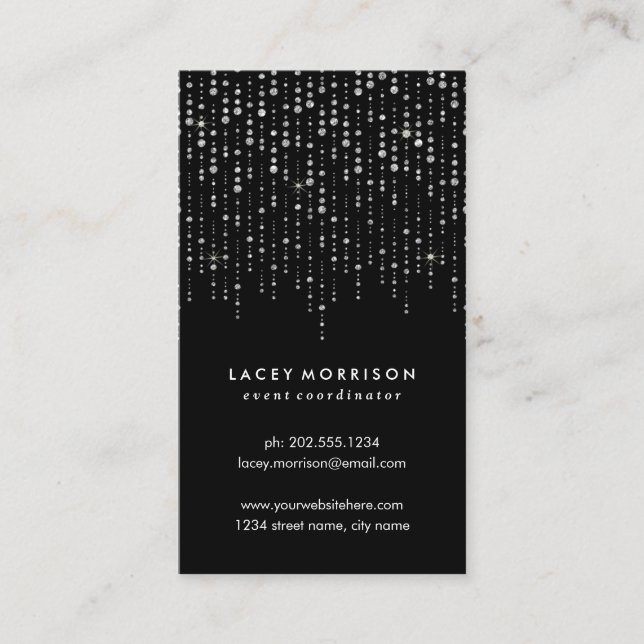 Glam Faux Silver Foil and Chic String Lights Business Card (Front)