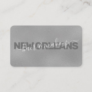 Glam Faux Silver Foil Calligraphy Hair Stylist Business Card
