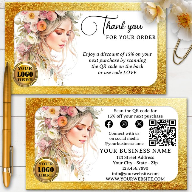 Glam Feminine Thank You For Your Order Business Card (Glam Thank You for your order business card showing a watercolor design with gold glitter - QR code)