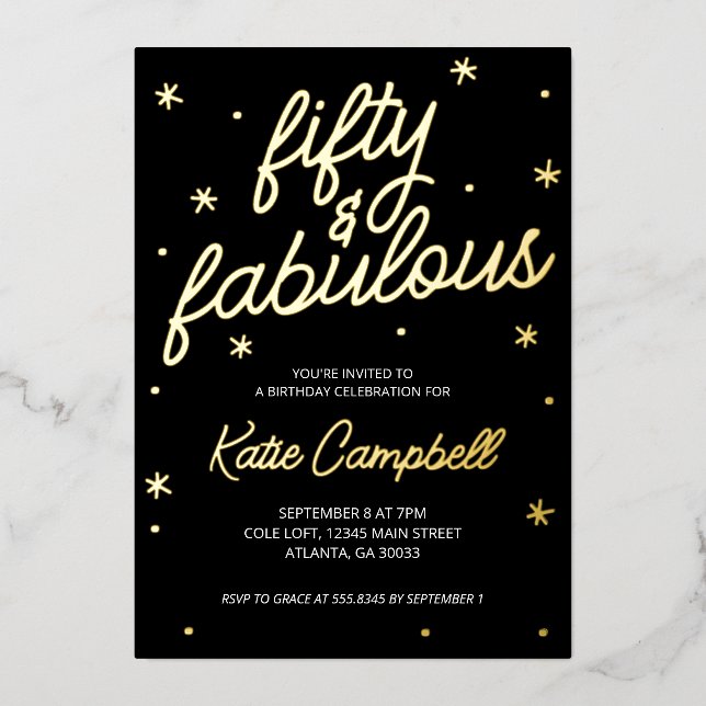 Glam Fifty and Fabulous Script 50th Birthday Foil Invitation (Front)