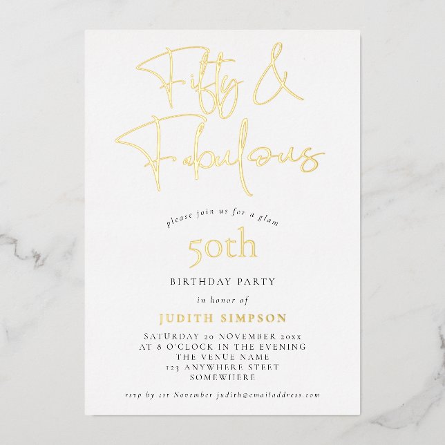 Glam FIfty Fabulous Script Real  Foil Invitation (Front)