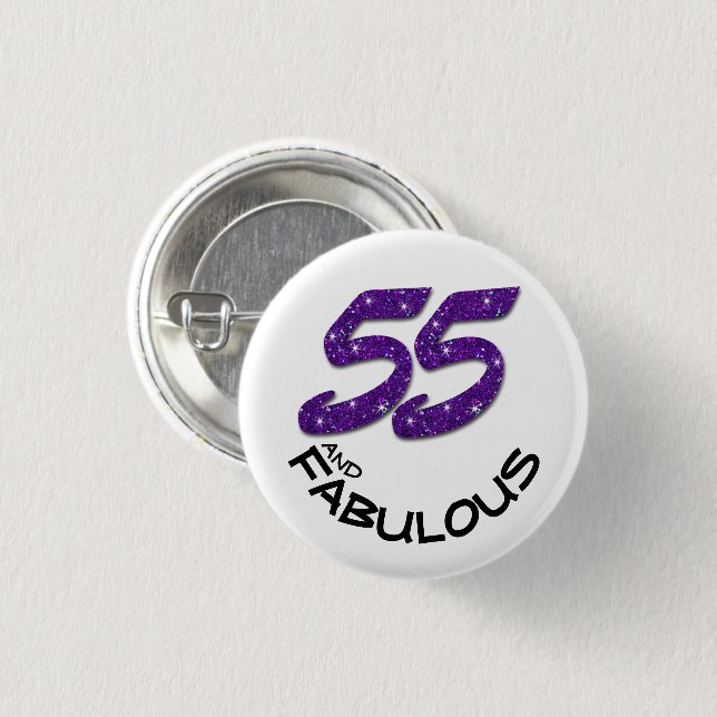 Glam Fifty-Five Purple Glitter Happy Birthday Button (Front & Back)