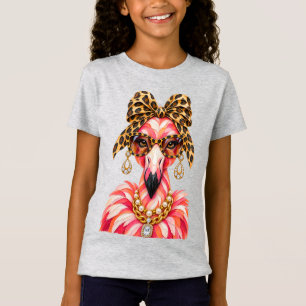 "Glam Flamingo Leopard Print Gold Pearl Necklace T-Shirt