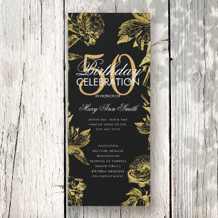 Glam Floral 50th Birthday Program Gold Black Menu